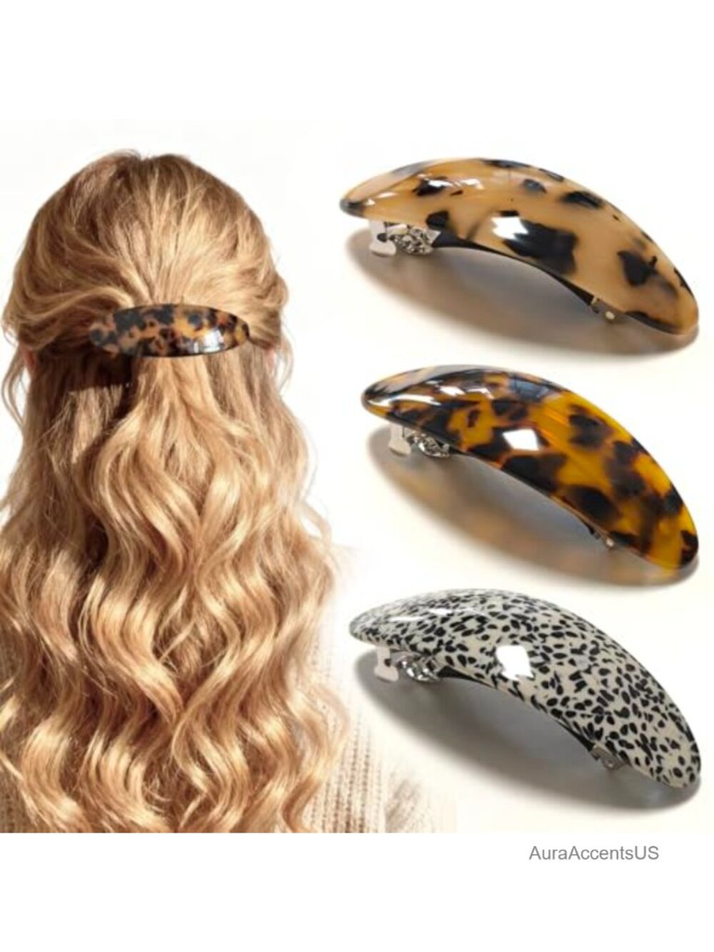 Large Acetate Hair Barrettes for Women Tortoise French Clips 3 Pack